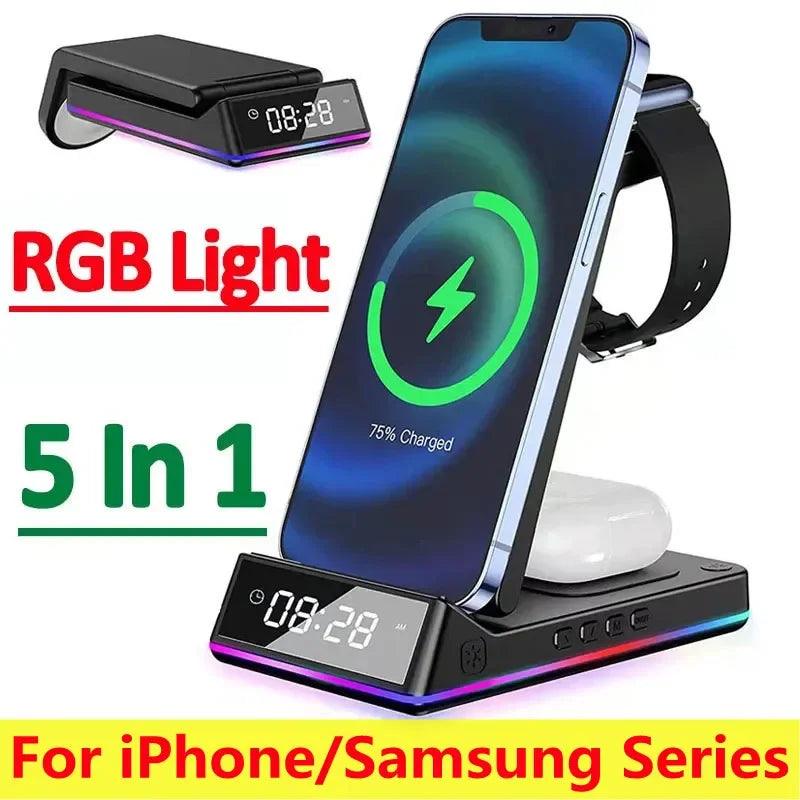 5-in-1 Wireless Fast Charging Station 30W Premium with LED | Wireless Fast Charging Dock, Charger with Stand and Alarm forSmartphones, Apple iPhone, Samsung, iOS & Android Watch, AirPods