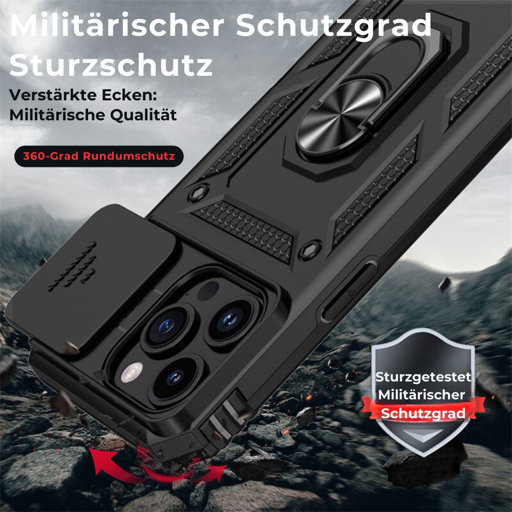 Premium Robustes Militärpanzer Apple iPhone Hülle | Militärqualität, 360° Schutz, Stoßfeste Abdeckung, Drehbarer Ständer, Kamera-Schutz, Kartenfach & MagSafe Kabelloses Laden - Phone Heaven Zone