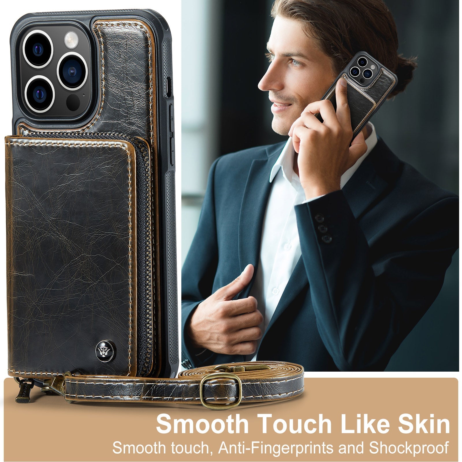 Étui portefeuille en cuir de luxe pour iPhone – Coque bandoulière MagSafe premium avec porte-cartes, fonction support & bandoulière, protection 360° antichoc, design fin, tout organisé – idéal pour extérieur & travail