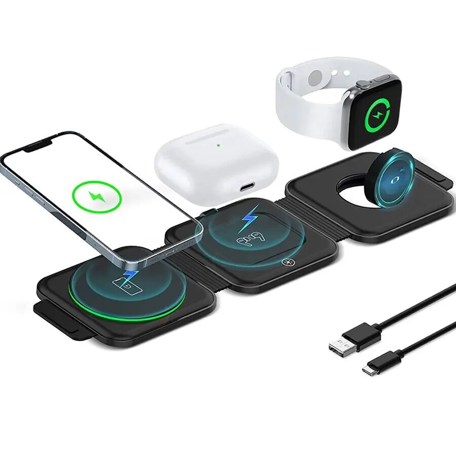 3-in-1 Faltbare Schnell Ladestation, Doppel Magnetisches 15W Kabelloses Ladegerät MagSafe | Tragbare Charging Station für Apple iPhone, AirPods, Watch - Phone Heaven Zone