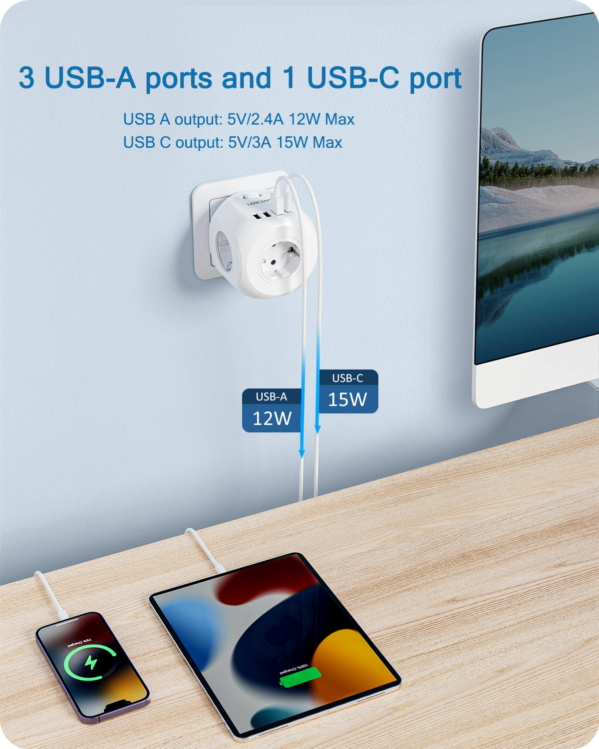 Premium Power Strip 4 AC Outlets, 3 USB Ports, 1 Type-C Multiple Socket with 2m/3m Braided Cable and Switch for Smartphones, Apple iPhone, Samsung, iOS & Android Home