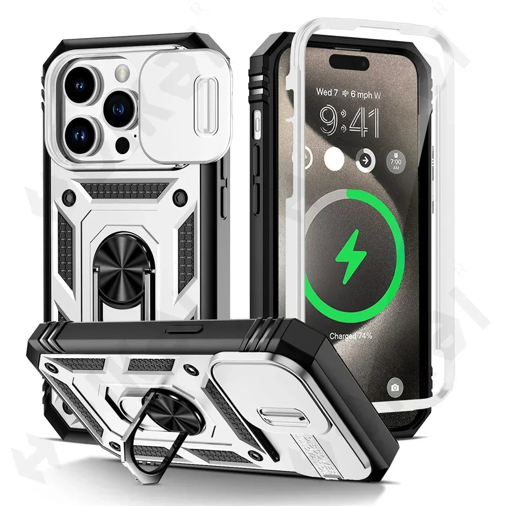 Premium Robustes Militärpanzer Apple iPhone Hülle | Militärqualität, 360° Schutz, Stoßfeste Abdeckung, Drehbarer Ständer, Kamera-Schutz, Kartenfach & MagSafe Kabelloses Laden - Phone Heaven Zone