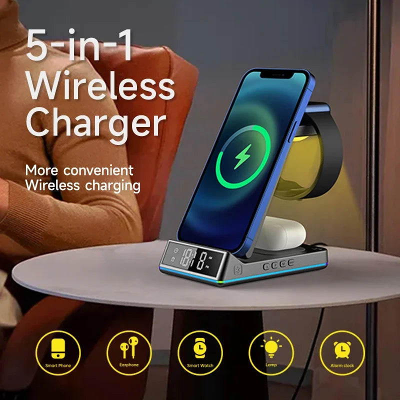 5-in-1 Wireless Fast Charging Station 30W Premium with LED | Wireless Fast Charging Dock, Charger with Stand and Alarm forSmartphones, Apple iPhone, Samsung, iOS & Android Watch, AirPods