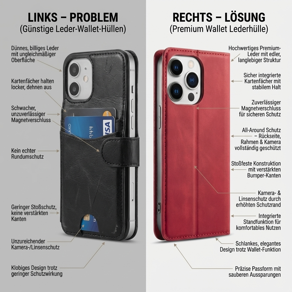 Geldbörse Flip Leder iPhone Hülle mit Portmonee Funktion, Kartensteckplatz, Magnetverschluss, Kartenfach & Standfunktion | Luxus Business Klapp Wallet Case Stoßfestes Cover mit Kameraschutz | Stoßfänger Sturzsichere Handyschutzhülle