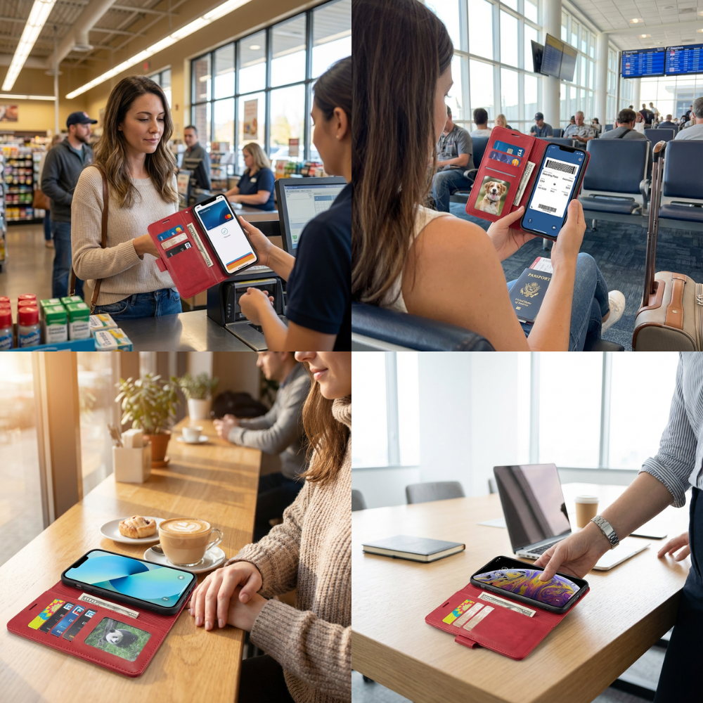 Geldbörse Flip Leder iPhone Hülle mit Portmonee Funktion, Kartensteckplatz, Magnetverschluss, Kartenfach & Standfunktion | Luxus Business Klapp Wallet Case Stoßfestes Cover mit Kameraschutz | Stoßfänger Sturzsichere Handyschutzhülle