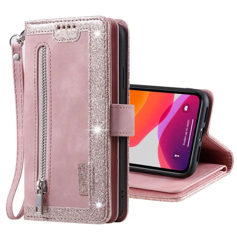 Hochwertige Leder-Handyhülle mit Reißverschluss, Kartenhalter, Stand und Riemen iPhone Hülle | Flip-Cover Case für Apple iPhone 17/17 Air, 16/16e, 15, 14, 13, 12 Pro Max, Pro, Plus & Mini - Vielseitige Schutzhülle