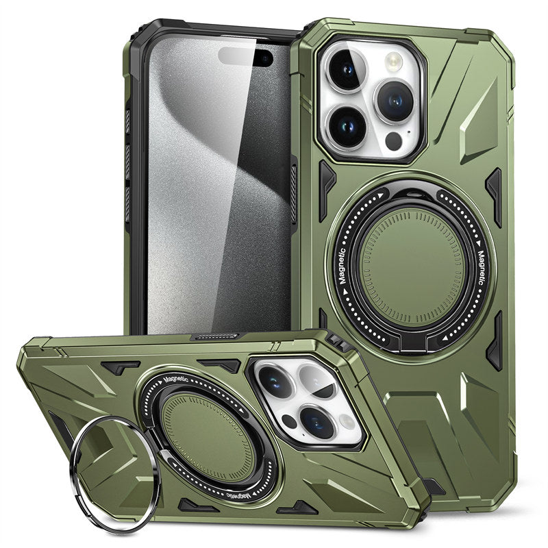 Hochwertige Militärpanzer-iPhone-Hülle mit 360-Grad drehbarem Ringständer Halterung | MagSafe Case mit Kameraschutzabdeckung für Apple iPhone 15/14/13/12 Pro Max Plus Cover | Magnetisches kabelloses Laden, harte PC-Panzertasche, stoßfeste Handyhülle - Phone Heaven Zone