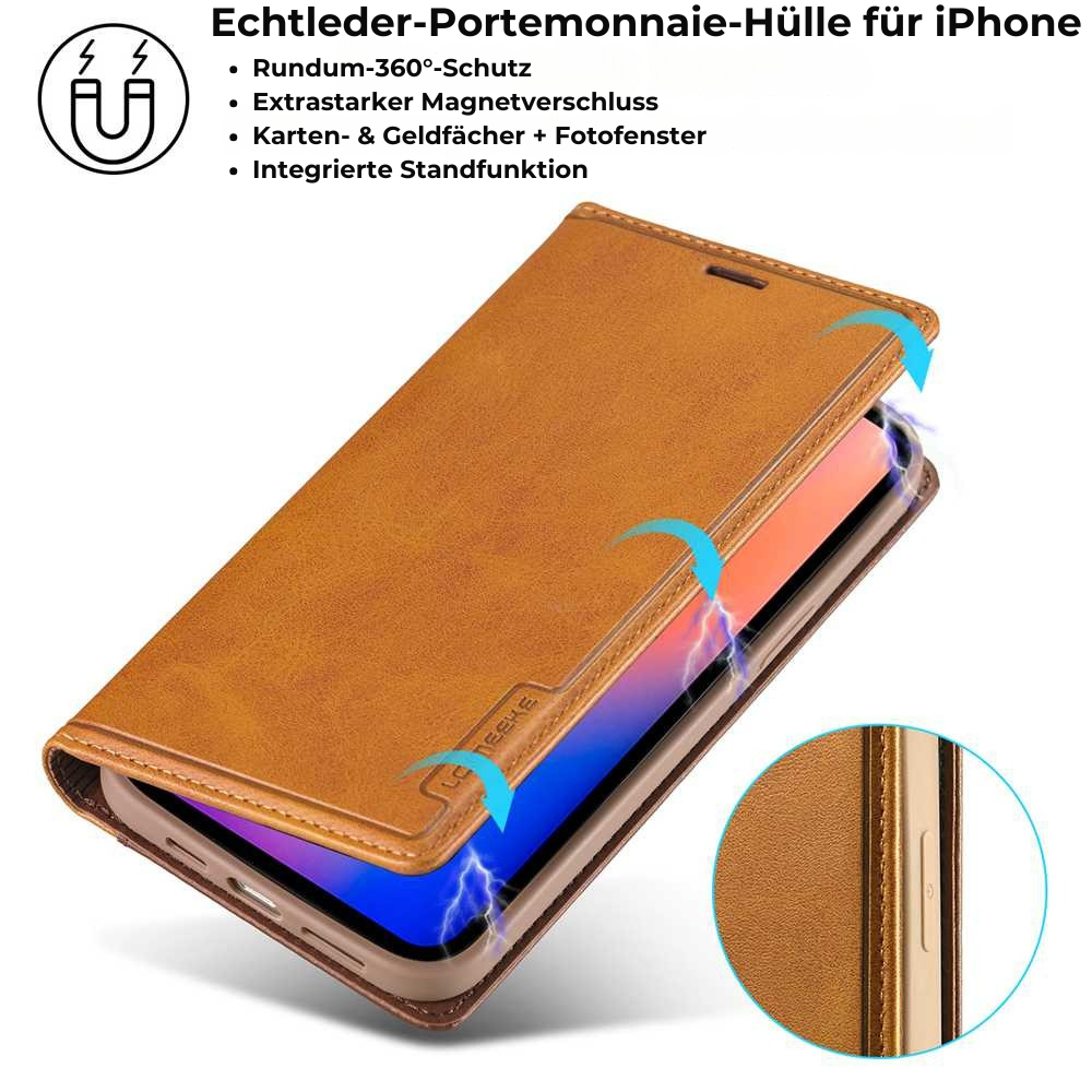 Hochwertiges Leder Flip Cover Geldbörse mit Magnetverschluss und SIM-Kartenfach iPhone Hülle