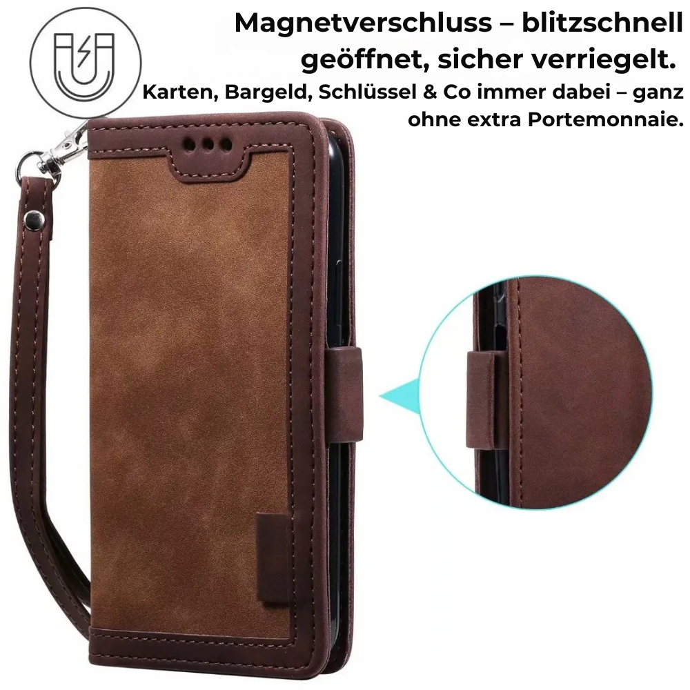 Hochwertiges Leder Flip Cover Geldbörse mit Magnetverschluss und SIM-Kartenfach iPhone Hülle | MagSafe Case, Rundumschutz und Kameralinsenschutzabdeckung für Apple iPhone 16/16e/15/14/13/12 Pro Max Plus Mini | Panzer Handyhülle, Premium Wallet Schutzhülle
