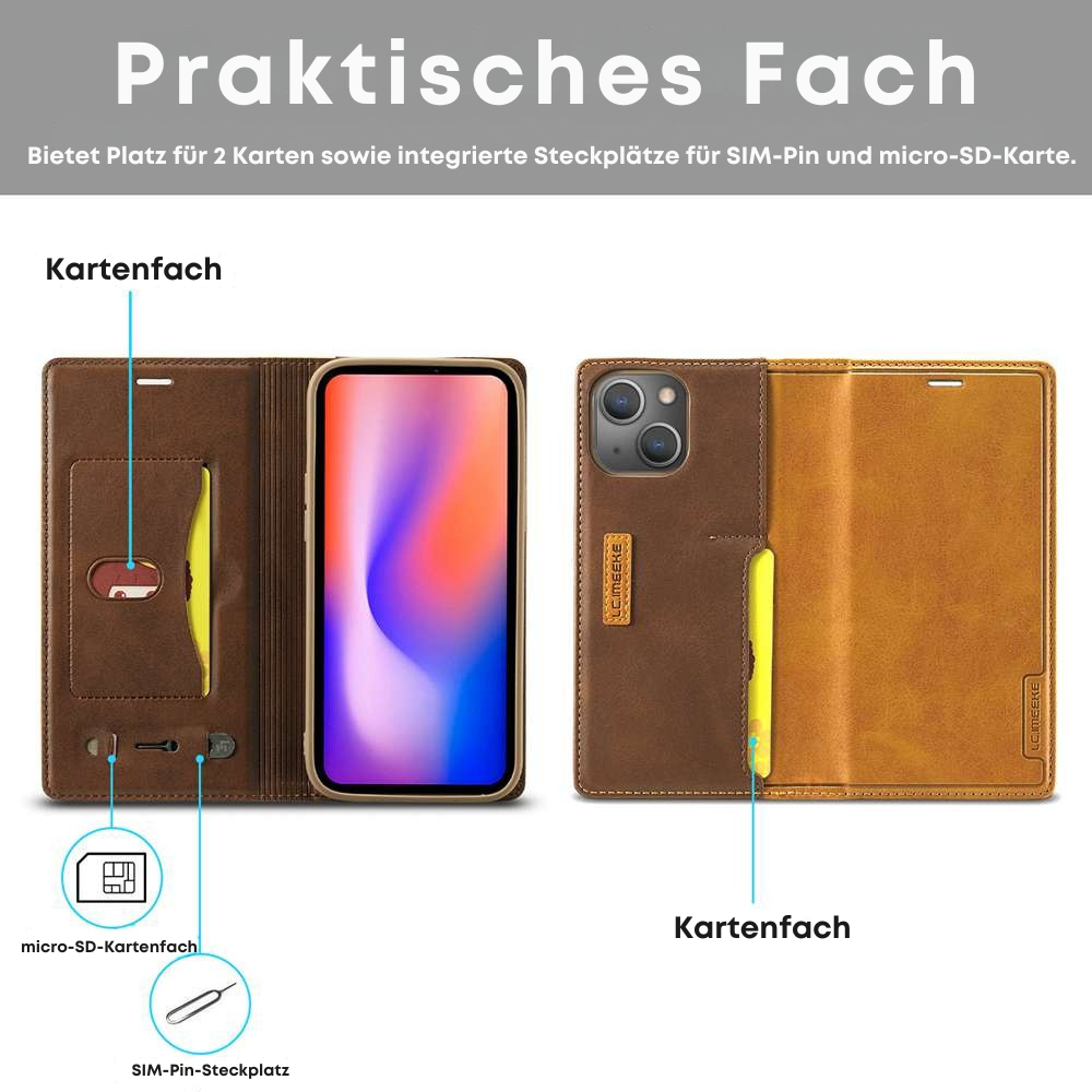 Hochwertiges Leder Flip Cover Geldbörse mit Magnetverschluss und SIM-Kartenfach iPhone Hülle | MagSafe Case, Rundumschutz und Kameralinsenschutzabdeckung für Apple iPhone 16/16e/15/14/13/12 Pro Max Plus Mini | Panzer Handyhülle, Premium Wallet Schutzhülle