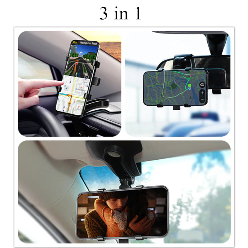 Premium 3-in-1 Adjustable Car Phone Holder for Smartphones, Apple iPhone, Samsung, iOS &amp; Android | Dashboard, Rearview Mirror & Sun Visor Mount - Lightweight & Universal for 3-7 inch Phones