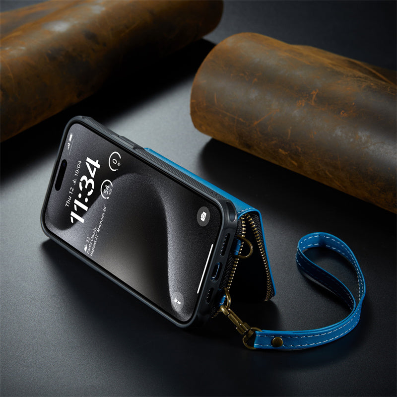 Étui portefeuille en cuir de luxe pour iPhone – Coque bandoulière MagSafe premium avec porte-cartes, fonction support & bandoulière, protection 360° antichoc, design fin, tout organisé – idéal pour extérieur & travail