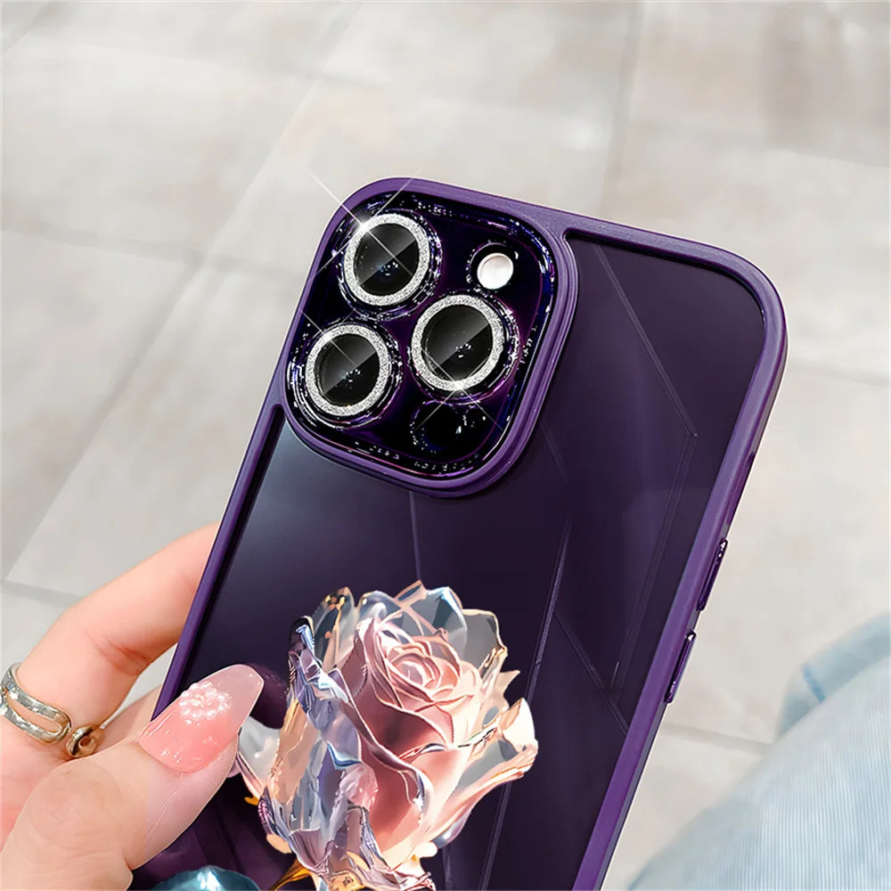 Luxury Crystal Rose Diamond iPhone Case | MagSafe Case with 360-Degree Protection and Camera Lens Cover for Apple iPhone 16/15/14/13/12 Pro Max, Plus, Mini Cover | Armor Case, Bumper Cover Phone Case | High-Quality Protective Cover