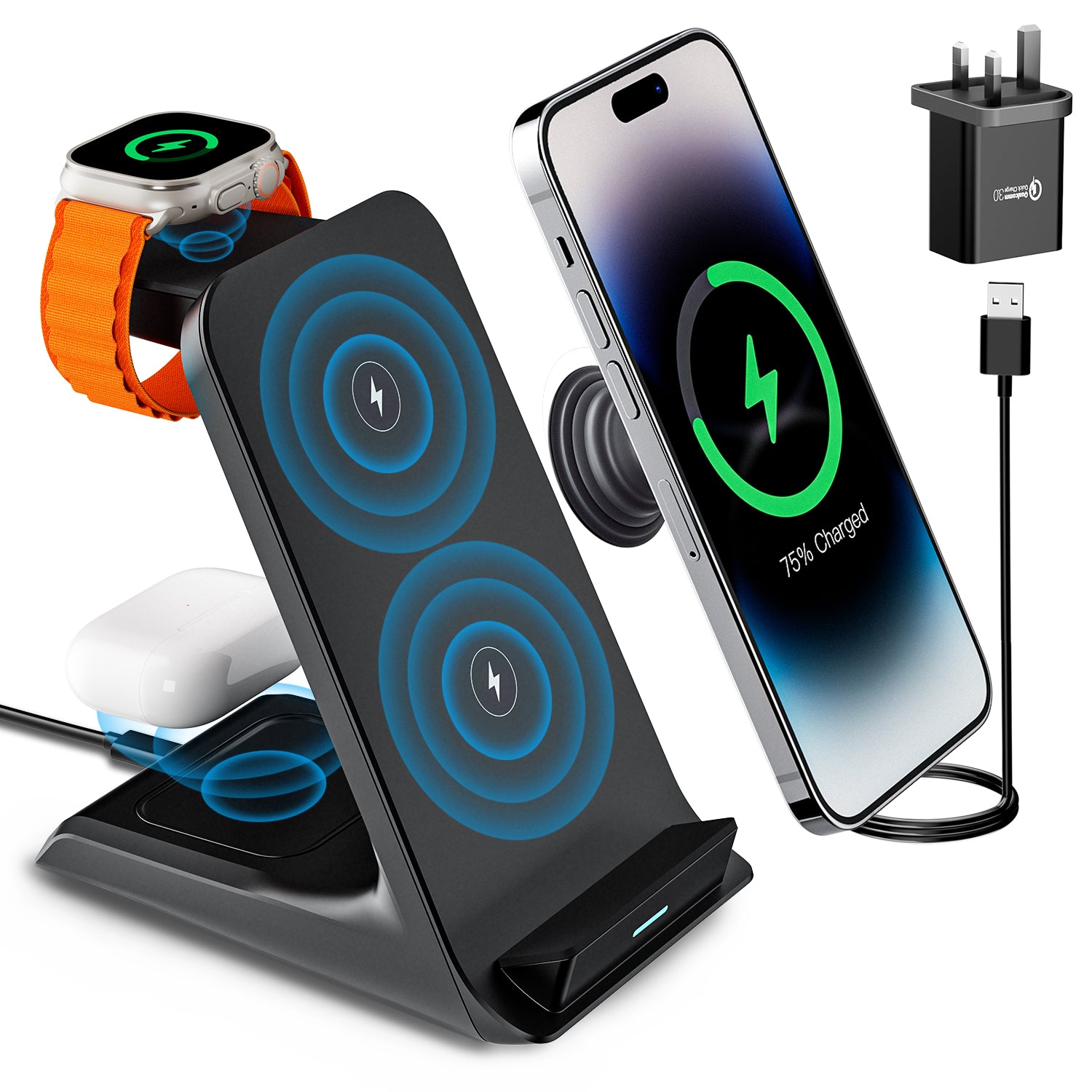 Premium 3 in 1, 30W Magnetic Wireless Charging Station | Wireless Charger for Smartphones, Apple iPhone, Samsung, iOS & Android Apple Watch/AirPods | Fast Charging Docking Station