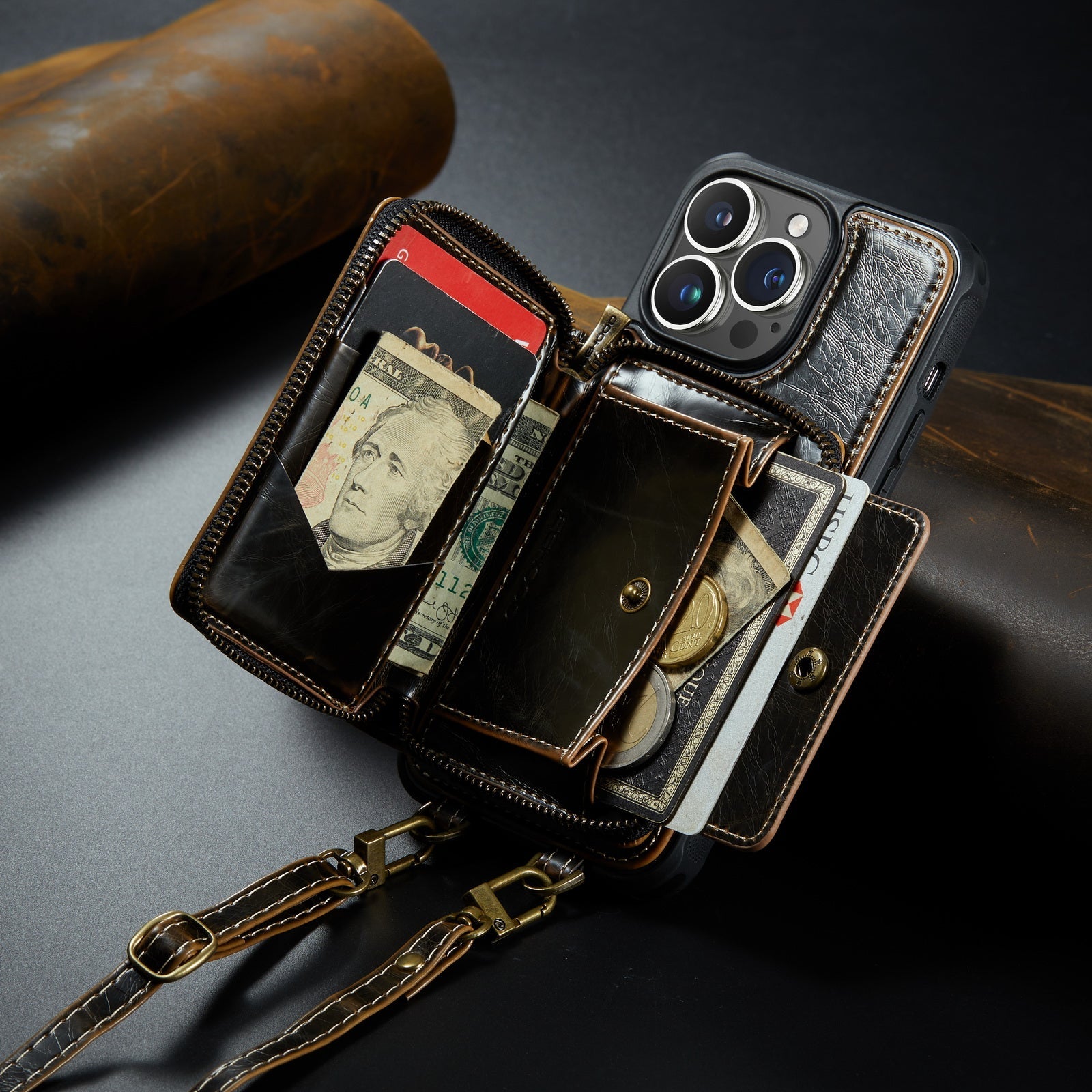 Étui portefeuille en cuir de luxe pour iPhone – Coque bandoulière MagSafe premium avec porte-cartes, fonction support & bandoulière, protection 360° antichoc, design fin, tout organisé – idéal pour extérieur & travail