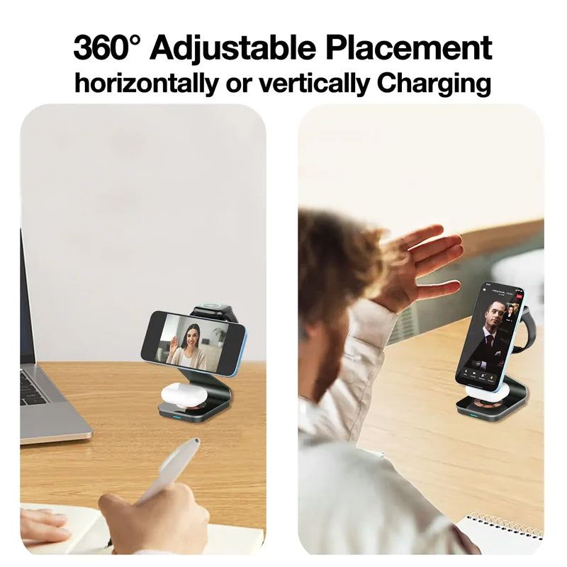 3 In 1 Foldable Magnetic Charging Station 15W Wireless Charger Aluminum Fast Charging Dock Wireless Charging Station for Smartphones, Apple iPhone, Samsung, iOS & Android