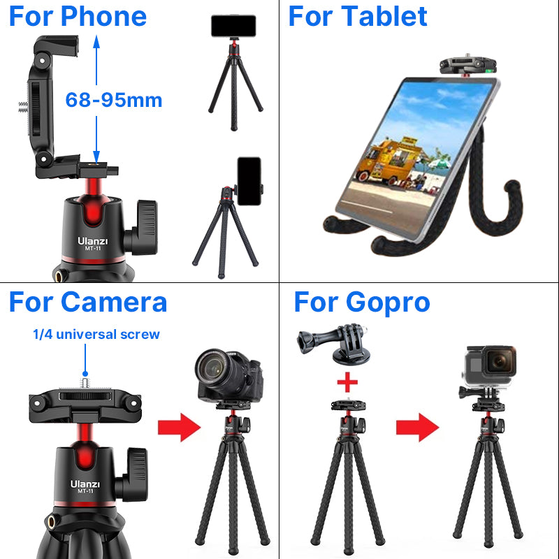 High-Quality Octopus Flex Tripod with 1/4 Screw, Ball Head & Cold Shoe: Universal Phone Clip for Apple iPhone 15/14/13/12/11 Pro Max/Plus/Mini,  SLR, DSLR Camera, GoPro Smartphones, Apple iPhone, Samsung, iOS &amp; Android  | Professional Photo/Video