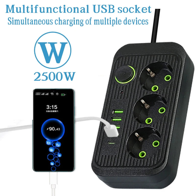 Steckdosenleiste 2 m Verlängerungskabel Multiprise 3 AC-Steckdosen mit 4 USB 1 Typ-C | Premium-Netzwerkfilter und  Ladegerät