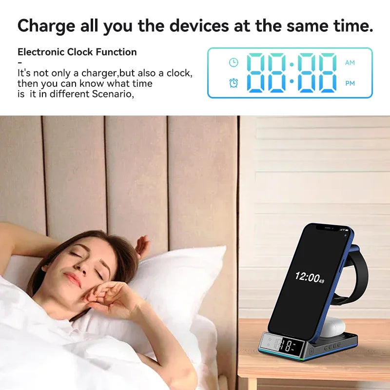 5-in-1 Wireless Fast Charging Station 30W Premium with LED | Wireless Fast Charging Dock, Charger with Stand and Alarm forSmartphones, Apple iPhone, Samsung, iOS & Android Watch, AirPods