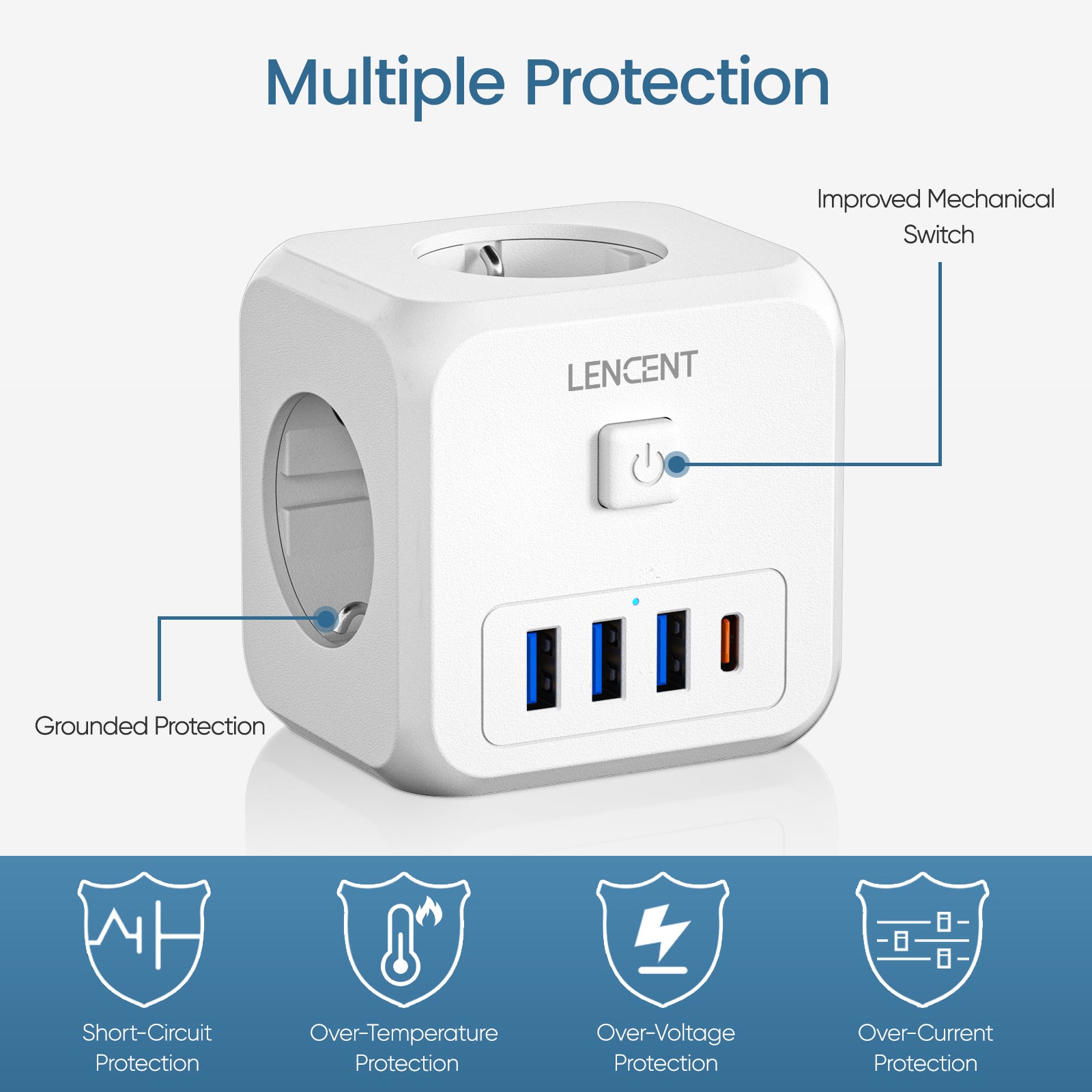 Premium Power Strip 4 AC Outlets, 3 USB Ports, 1 Type-C Multiple Socket with 2m/3m Braided Cable and Switch for Smartphones, Apple iPhone, Samsung, iOS & Android Home