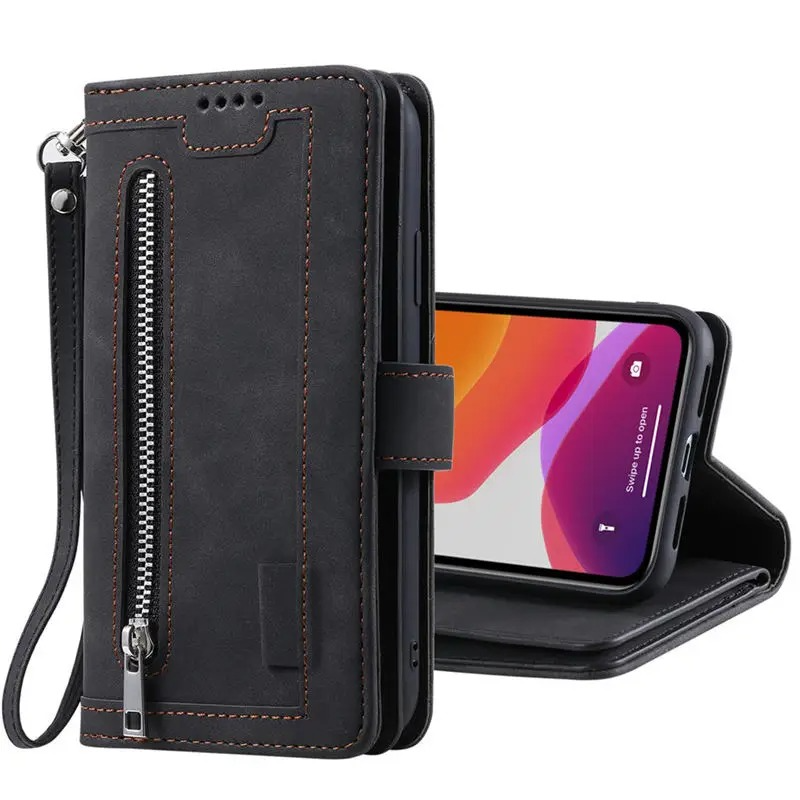 Hochwertige Leder-Handyhülle mit Reißverschluss, Kartenhalter, Stand und Riemen iPhone Hülle | Flip-Cover Case für Apple iPhone 17/17 Air, 16/16e, 15, 14, 13, 12 Pro Max, Pro, Plus & Mini - Vielseitige Schutzhülle