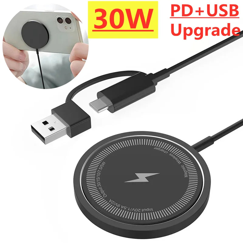 Premium 30W Magnetic Wireless Charger for Magsafe, Smartphones, Apple iPhone, Samsung, iOS & Android | USB-A, PD – Fast Wireless Charger and Stand