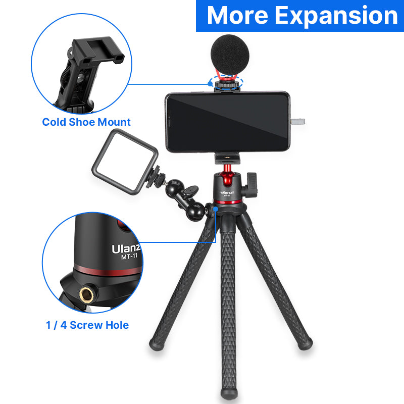 High-Quality Octopus Flex Tripod with 1/4 Screw, Ball Head & Cold Shoe: Universal Phone Clip for Apple iPhone 15/14/13/12/11 Pro Max/Plus/Mini,  SLR, DSLR Camera, GoPro Smartphones, Apple iPhone, Samsung, iOS &amp; Android  | Professional Photo/Video