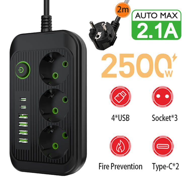 Steckdosenleiste 2 m Verlängerungskabel Multiprise 3 AC-Steckdosen mit 4 USB 1 Typ-C | Premium-Netzwerkfilter und  Ladegerät