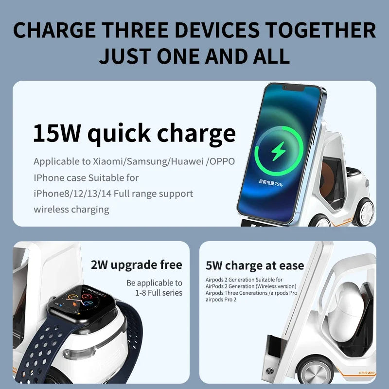 Limited Edition: Premium MagSafe Forklift Design Fast Charging Station | Wireless Charger for ASmartphones, Apple iPhone, Samsung, iOS & Android Watch, AirPods | Fast Wireless Charging Dock with Alarm Clock & Night Light