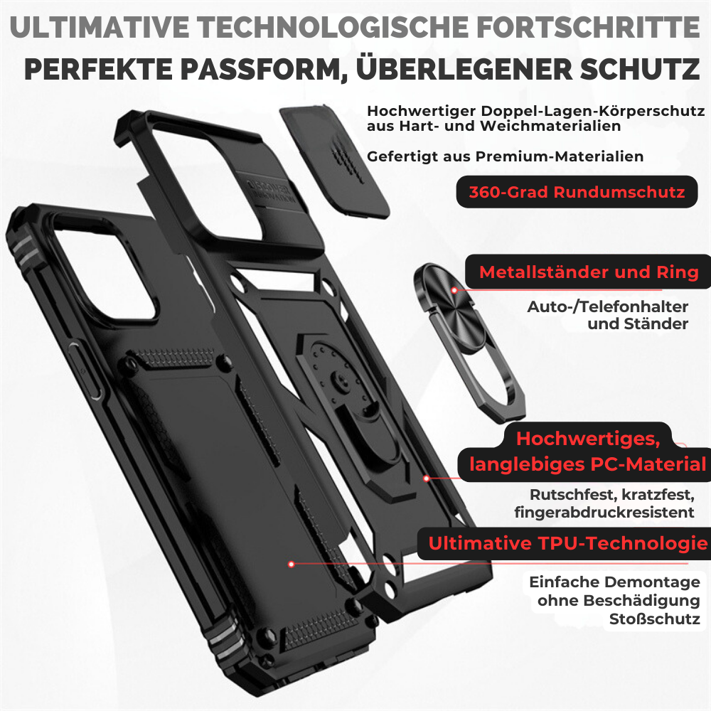 Premium Robustes Militärpanzer Apple iPhone Hülle | Militärqualität, 360° Schutz, Stoßfeste Abdeckung, Drehbarer Ständer, Kamera-Schutz, Kartenfach & MagSafe Kabelloses Laden - Phone Heaven Zone