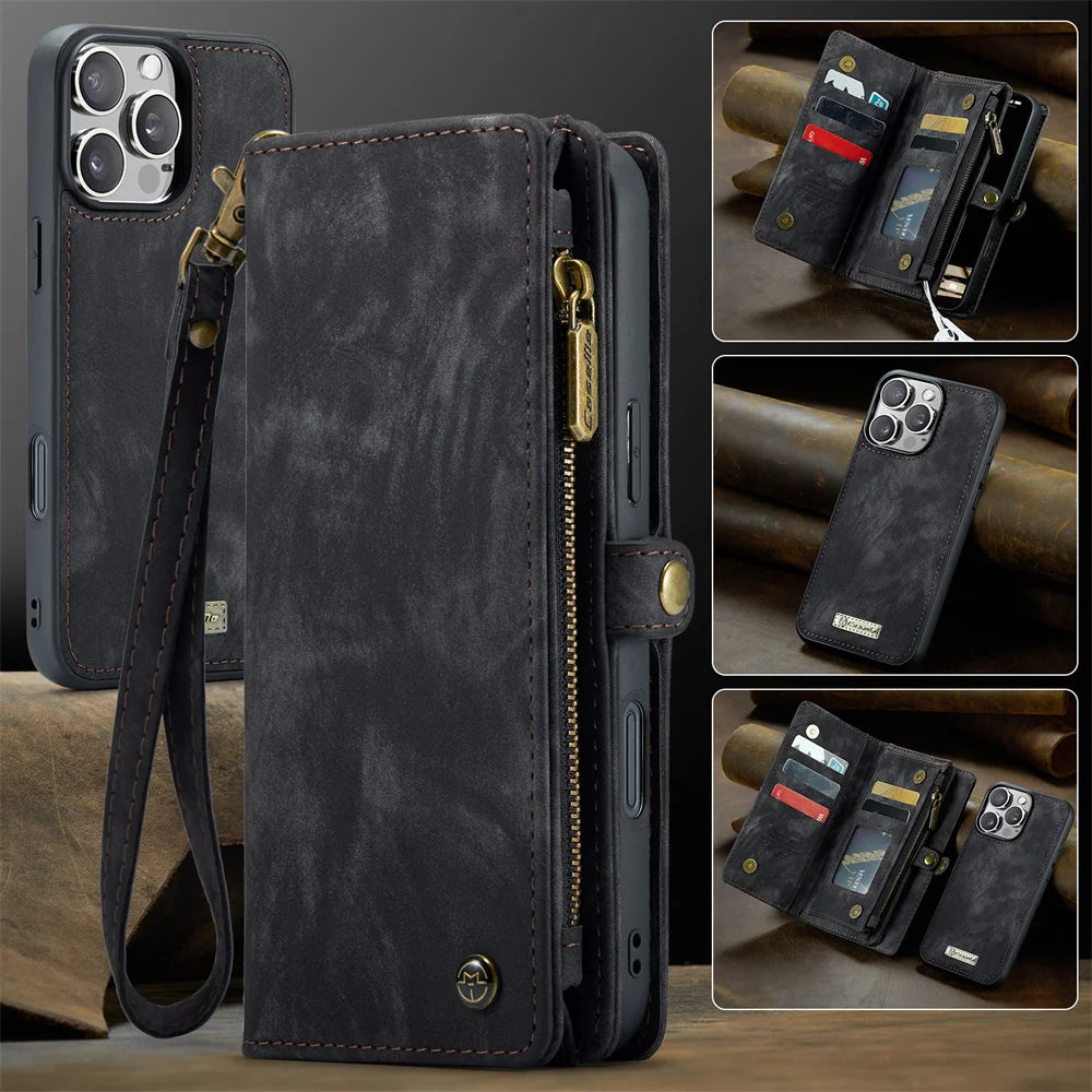 Hochwertiges 2-in-1 Abnehmbare Leder Brieftasche Flip Stand iPhone Hülle | MagSafe Case, Rundumschutz, Kameralinsenschutzabdeckung für Apple iPhone 17/17 Air, 16/16e, 15, 14, 13 Pro Max Plus Cover | Panzertasche Handyhülle | Wallet & Geldbörse Schutzhülle