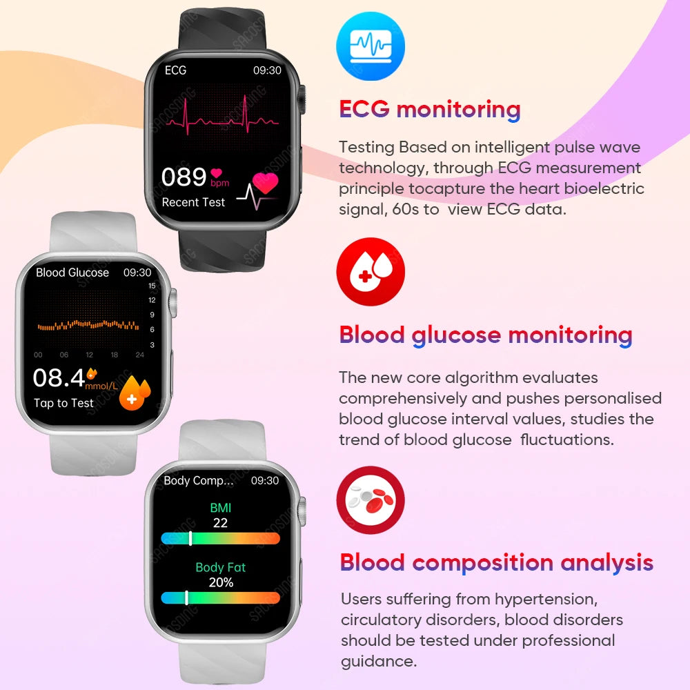 Premium Blood Sugar Smartwatch for Men with AI Voice Assistant, Bluetooth Call, Automatic Infrared Blood Oxygen Measurement, Health Monitoring, EKG and PPG