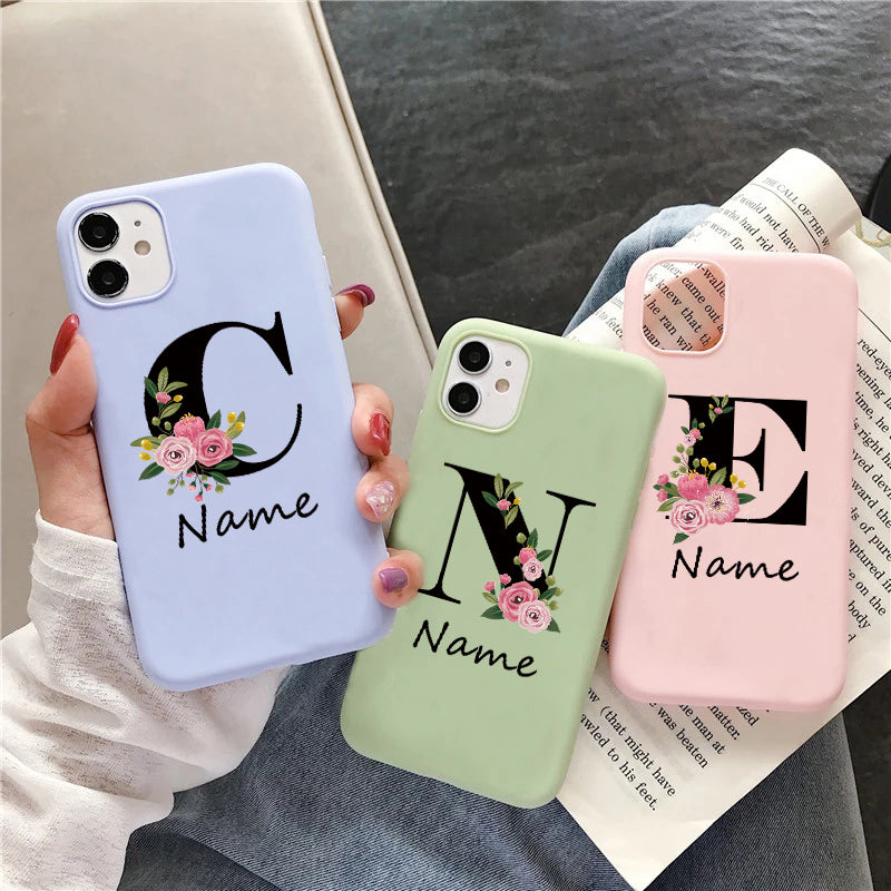 Personalized Luxury For Apple iPhone 16/15/14/13/12 Pro Max Plus Mini Case | Individually Designed Name, Uppercase Letters & Flowers | MagSafe Camera Protection, Tempered Glass, iPhone