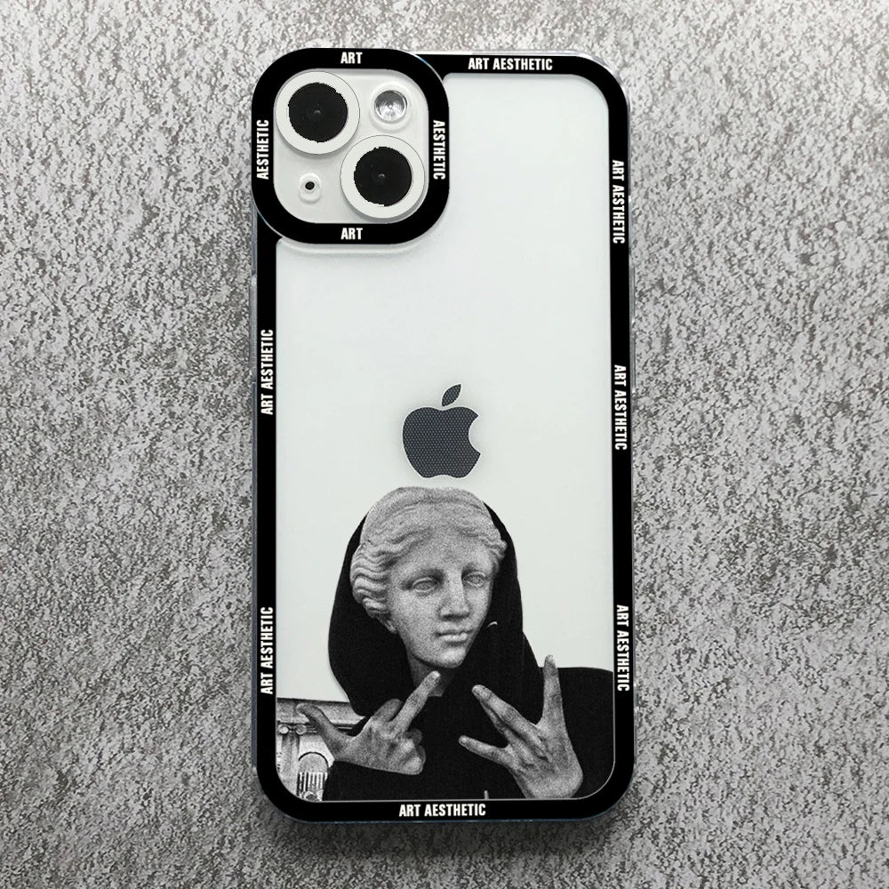 Premium Artistic Aesthetic History Design: 'David & Mona Lisa' Clear iPhone Case | MagSafe Case 360-Degree Prtection & Camera Lens Cover for Apple iPhone 16/15/14/13/12 Pro Max, Pro, Plus, e & Mini  Cover | Shockproof Phone Case with Armor & Bumper