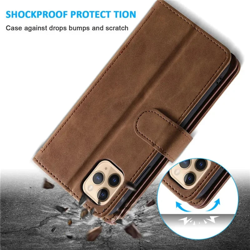 High-Quality Leather Phone Case with Zipper, Card Holder, Stand, and Strap | Flip Cover Case for Apple iPhone 16/15/14/13/12 Pro Max, Plus, Mini - Versatile Protective Cover