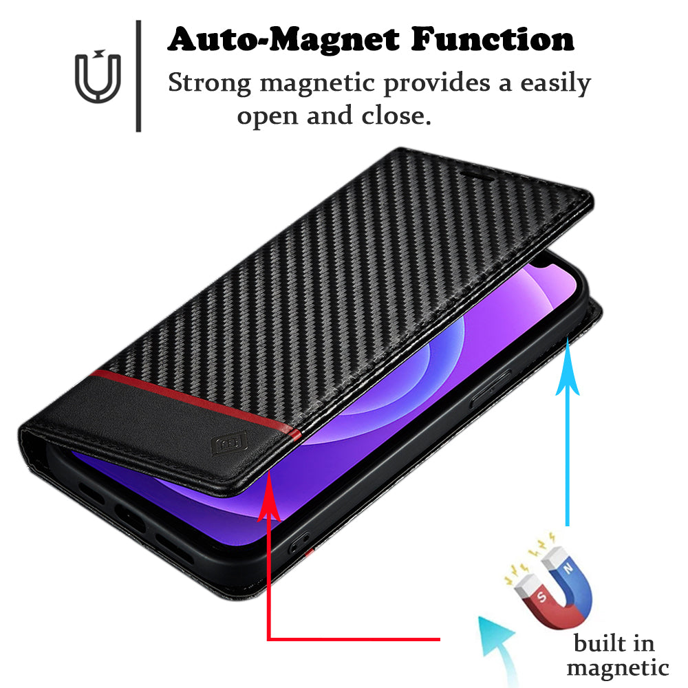 Premium Carbon Fiber Leather Wallet | Magnetic Flip Book Cover iPhone Case | MagSafe Case with Card Holder, Stand, and Wallet Function for Apple iPhone 16/15/14/13/12 Pro Max, Plus, Mini - Versatile Protective Cover