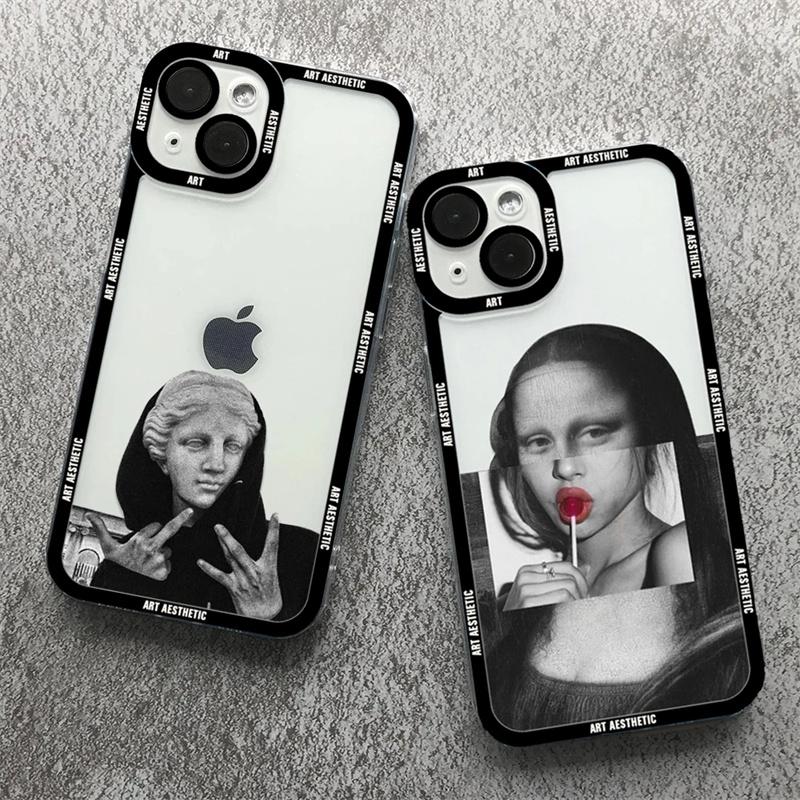 Premium Artistic Aesthetic History Design: 'David & Mona Lisa' Clear iPhone Case | MagSafe Case 360-Degree Prtection & Camera Lens Cover for Apple iPhone SE (3rd & 2nd Gen), 12 Mini, 11 Pro/Max, 11, XS/Max, XR, X, 8/Plus, 7/Plus, 6S/Plus, 6/Plus, 5S, 5