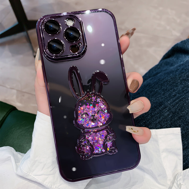 Luxury Cute Rabbit Quicksand Glitter iPhone Case | MagSafe Case | Transparent Camera Lens Cover for Apple iPhone 16/15/14/13/12 Pro Max, Plus Mini | Armor Phone Protective Case