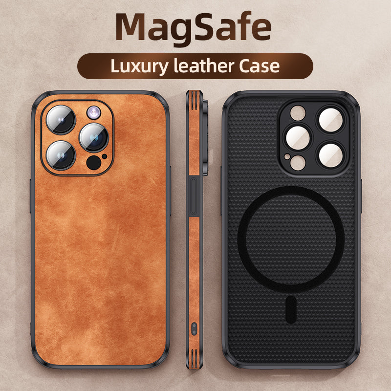 High-Quality Leather iPhone Case with Shockproof Camera Cover | MagSafe Compatible for Apple iPhone 16/15/14/13/12 Pro Max Plus Mini | Armor Protective Cover