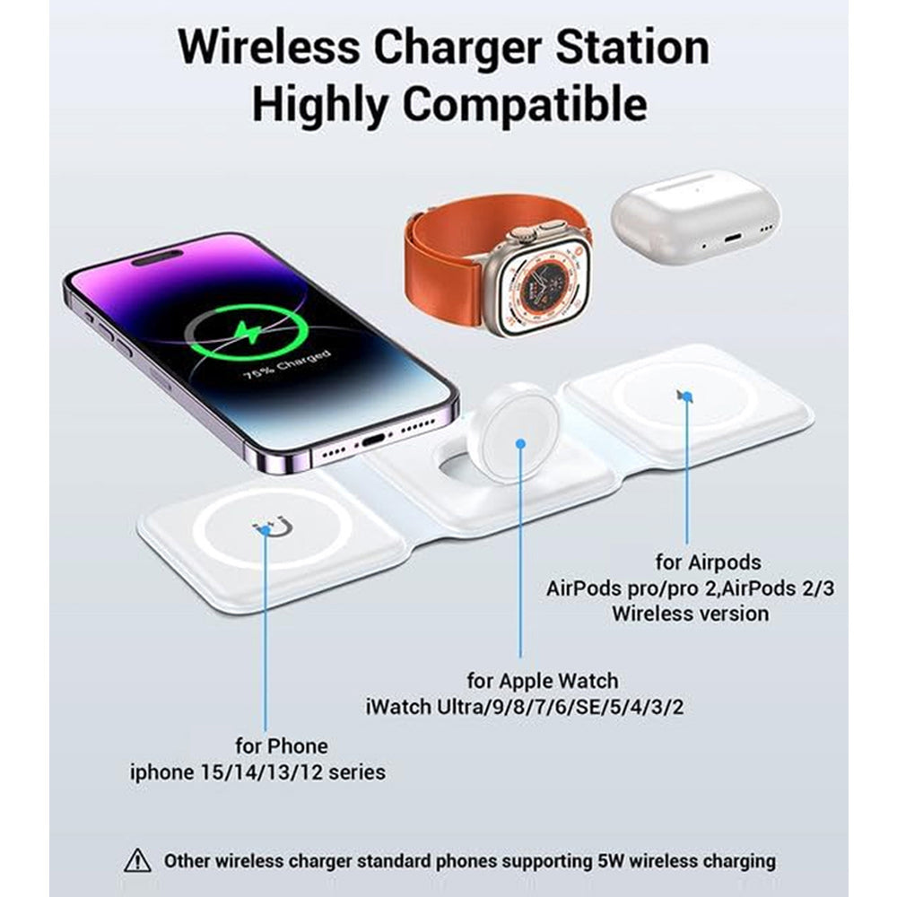 3 In 1 Foldable Magnetic Charging Station 15W Wireless Charger Aluminum Fast Charging Dock Wireless Charging Station for Smartphones, Apple iPhone, Samsung, iOS & Android