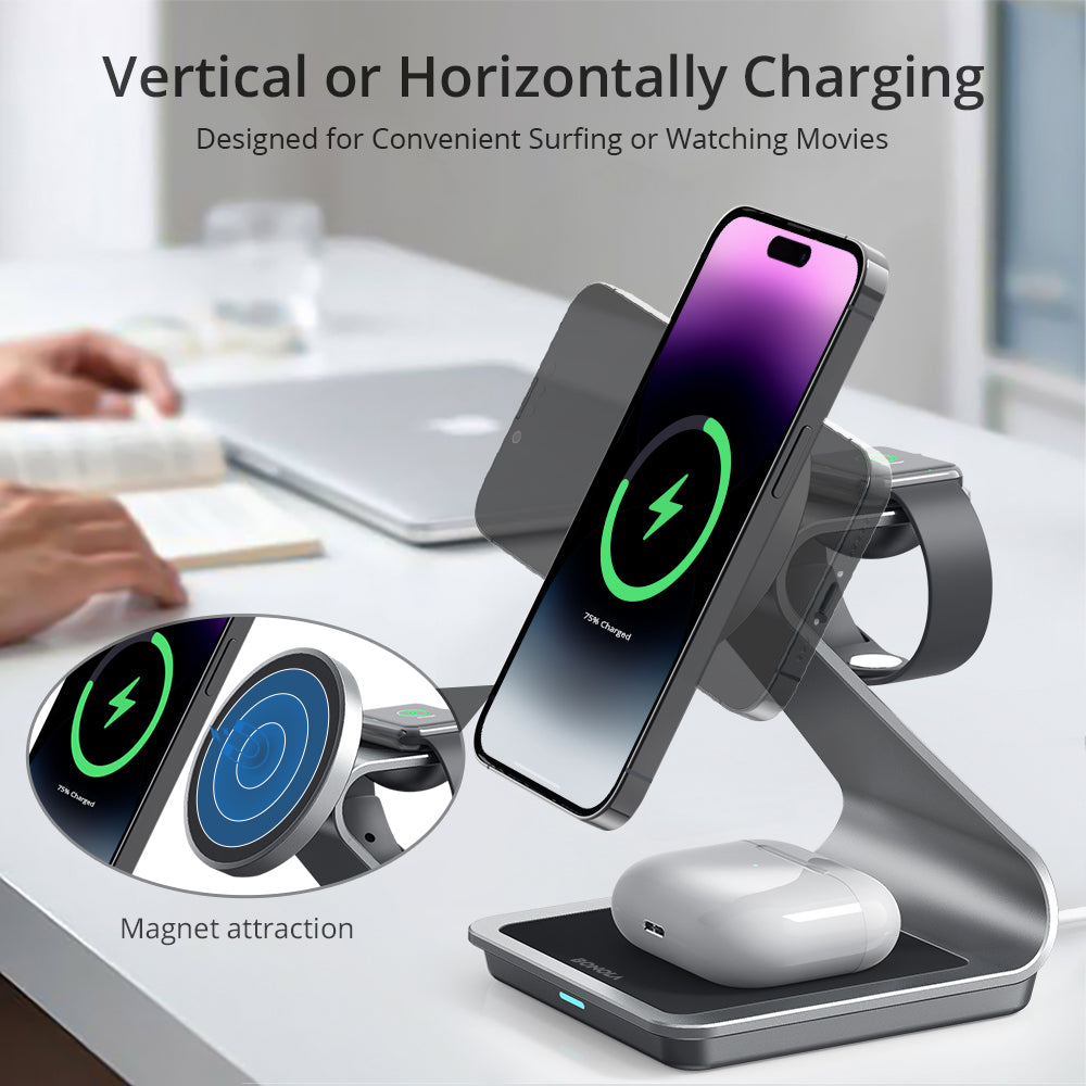 Premium 3 in 1, 30W Magnetic Wireless Charging Station | Wireless Charger for Smartphones, Apple iPhone, Samsung, iOS & Android Apple Watch/AirPods | Fast Charging Docking Station