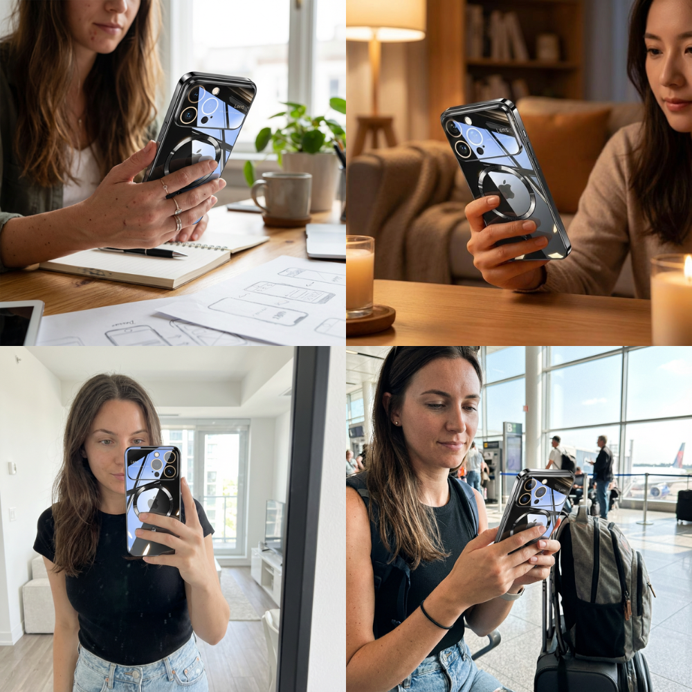 Luxus Ultra-Dünne Apple iPhone Hülle | MagSafe Case mit Kameralinsenschutz | Magnetische, Klare, Transparente, Stoßfeste & Sturzsichere Hart-PC-Glas Cover | Kratzfester Silikon-Bumper, Kabelloses Laden Handyschutzhülle