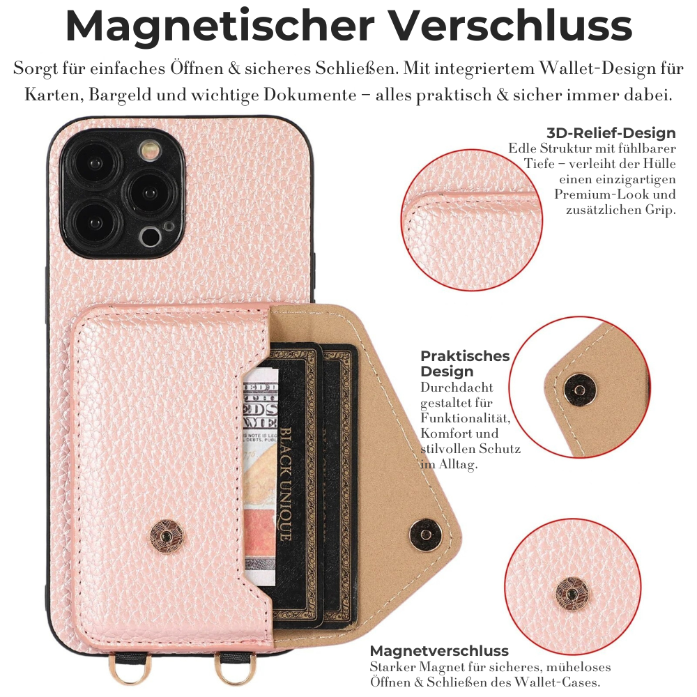 Hochwertige Crossbody-Brieftaschen-Ledertasche Apple iPhone-Hülle mit Kartenhalter und Portemonnaie-Funktion | Luxus Lanyard Case mit Umhängeband und Geldbörsenfunktion | Wallet Premium Stoßfänger Cover Sturzsichere Handyschutzhülle