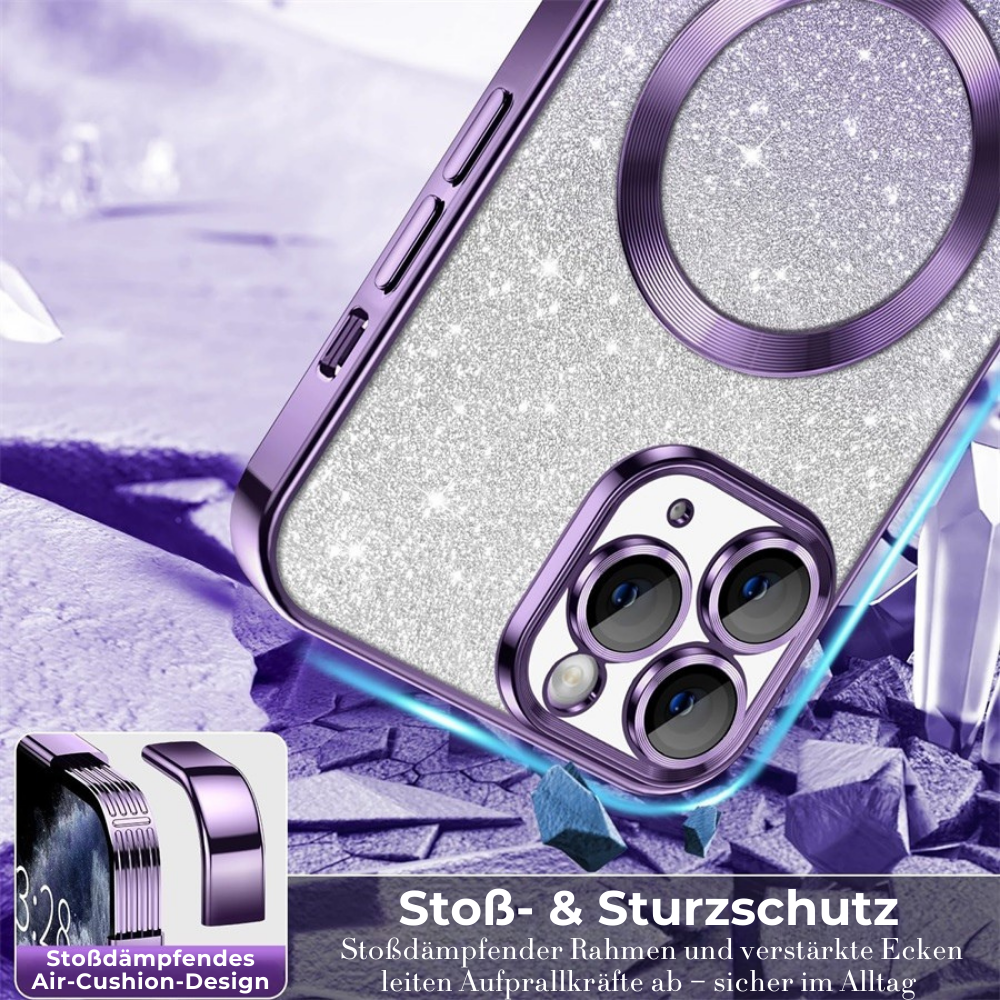 Luxus Crossbody Lanyard Gradient Glitzer Magnetgehäuse iPhone Hülle | MagSafe Case mit Kameralinsenschutzabdeckung für Apple iPhone 16/15/14/13/12 Pro Max Plus Mini Cover | Panzertasche, Weiche TPU Plating Handyhülle | Premium Schutzhülle