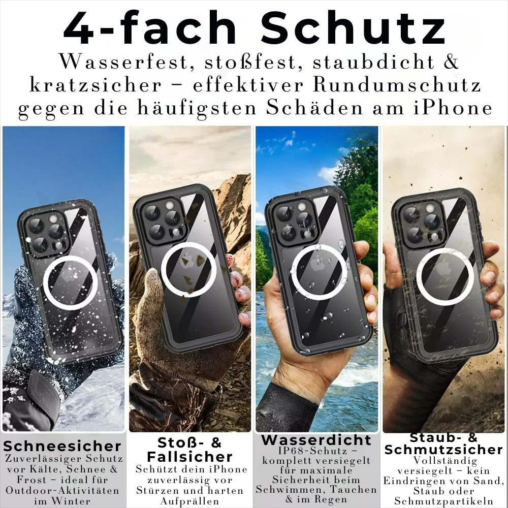 Premium IP68 Wasserdichte Magnet-Hülle mit MagSafe für Apple iPhone 16/16e, 15, 14, 13, 12 Pro Max, Pro, Plus & Mini: 360° Vollschutz Case, Militärpanzer-Design | Staubdicht, Stoßfest Cover mit Kameraschutz | Ideal für Tauchen und Schwimmen