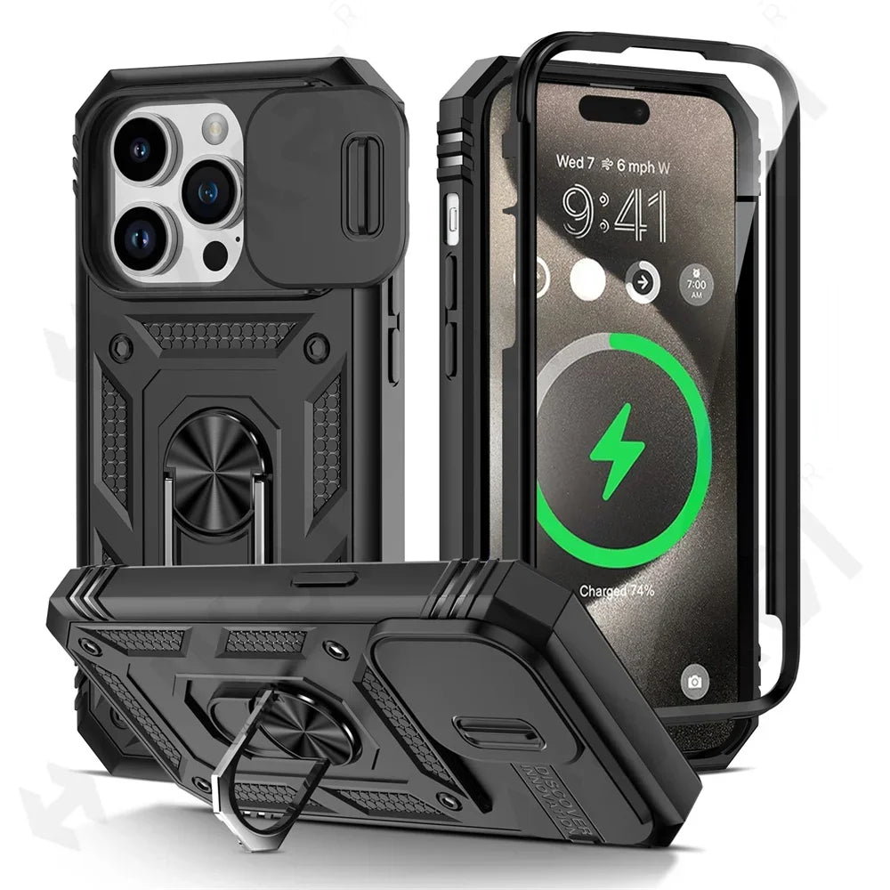 Premium Robustes Militärpanzer Apple iPhone Hülle | Militärqualität, 360° Schutz, Stoßfeste Abdeckung, Drehbarer Ständer, Kamera-Schutz, Kartenfach & MagSafe Kabelloses Laden - Phone Heaven Zone