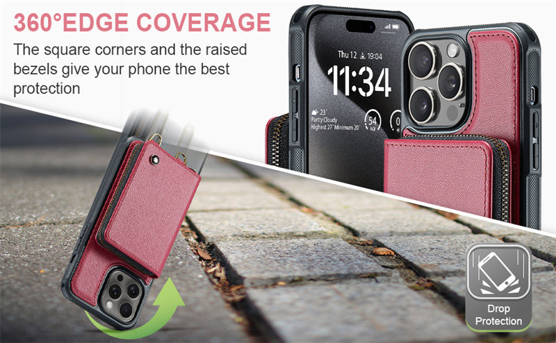 Étui portefeuille en cuir de luxe pour iPhone – Coque bandoulière MagSafe premium avec porte-cartes, fonction support & bandoulière, protection 360° antichoc, design fin, tout organisé – idéal pour extérieur & travail