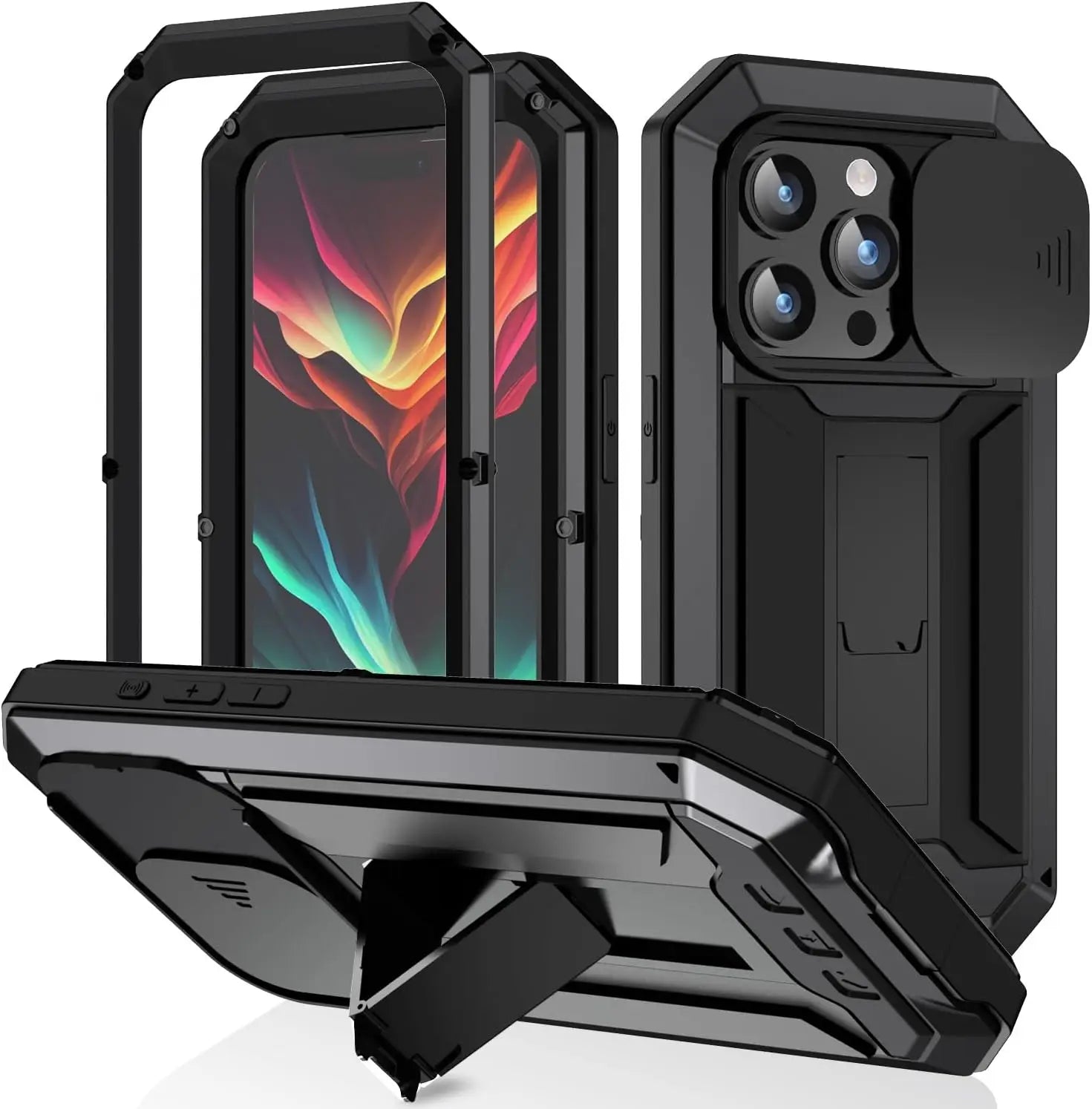 Military Heavy-Duty Metal iPhone Case – Full-Body Hybrid Cover with Slide Camera Protection & Built-in Screen Protector 
