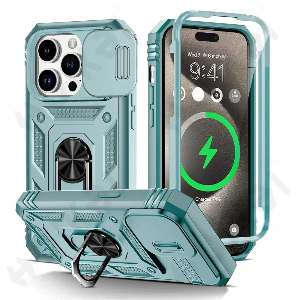 Premium Robustes Militärpanzer Apple iPhone Hülle | Militärqualität, 360° Schutz, Stoßfeste Abdeckung, Drehbarer Ständer, Kamera-Schutz, Kartenfach & MagSafe Kabelloses Laden - Phone Heaven Zone