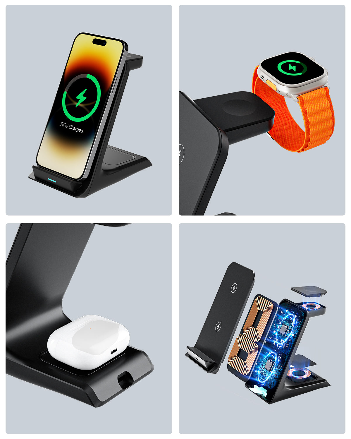 Premium 3 in 1, 30W Magnetic Wireless Charging Station | Wireless Charger for Smartphones, Apple iPhone, Samsung, iOS & Android Apple Watch/AirPods | Fast Charging Docking Station